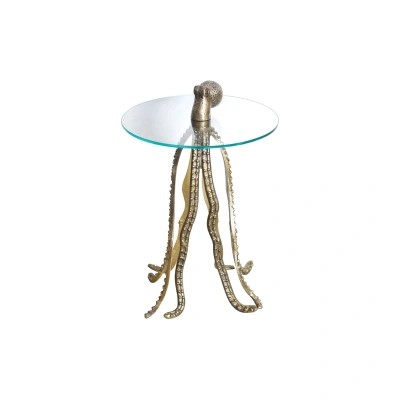 Estila Designový kulatý příruční stolek Polbitta s podstavou ve tvaru chobotnice ve zlaté barvě a skleněnou vrchní deskou 67 cm