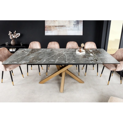 Estila Luxusní rozkládací obdélníkový jídelní stůl Ceramia s keramickou vrchní deskou a překříženými nožičkami šedá zlatá 180 cm