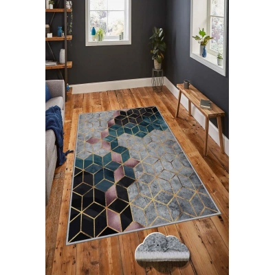Předsíňový koberec (100 x 300 cm) HMNT774 šedý a modrý geometrický vzor