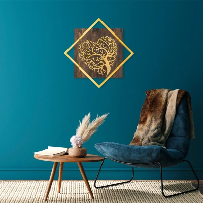 Nástěnná dekorace dřevo SRDCE STROMU zlatá 54 x 54 cm
