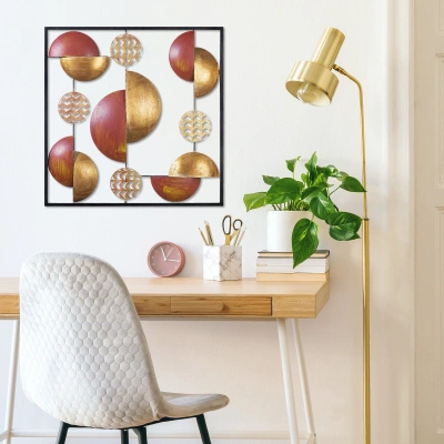Nástěnná dekorace kov PŮLKRUHY zlatá červená 55 x 55 cm