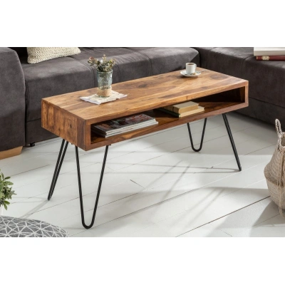 Estila Industriální designový konferenční stolek Sheesham z masivního palisandrového dřeva s úložným prostorem 100cm