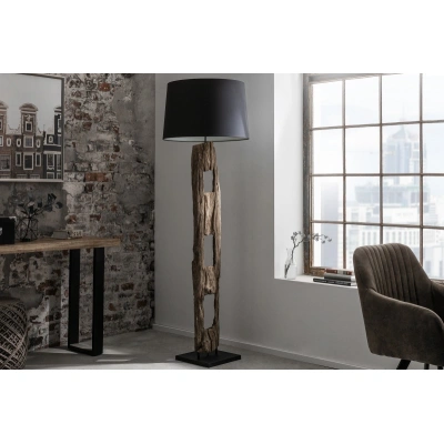 Estila Etno stojící lampa Adelise s dřevěnou podstavou a černým stínítkem 177cm