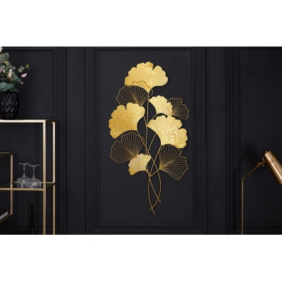 Estila Moderní florální nástěnná kovová dekorace Biloba I zlaté barvy 110cm