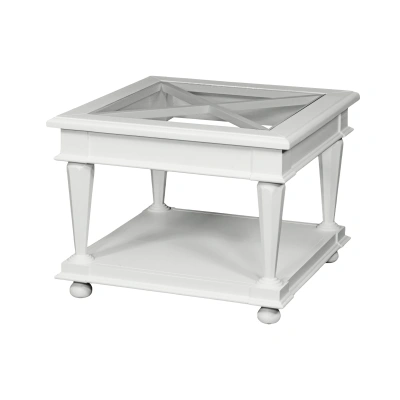 Estila Bílý rustikální dřevěný čtvercový příruční stolek Belliene z masivu v bílé barvě se skleněnou povrchovou deskou 60cm