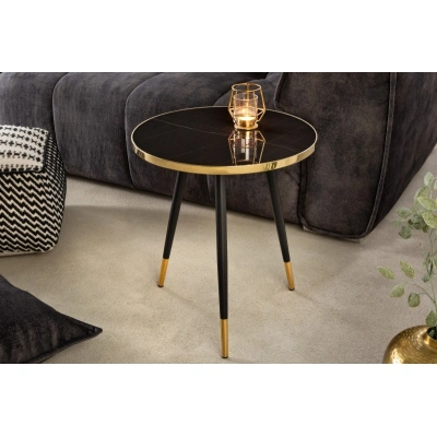 Estila Designový kulatý příruční stolek Nudy v černém art deco provedení s kovovým rámem a nožičkami ve zlaté barvě 45cm