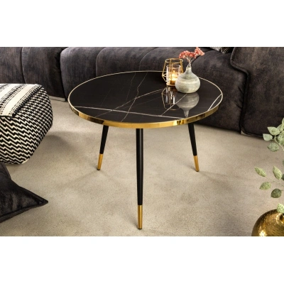 Estila Art-deco kulatý konferenční stolek Nudy s vrchní deskou s černým mramorovým designem s nožičkami ve zlatém zakončení 60cm