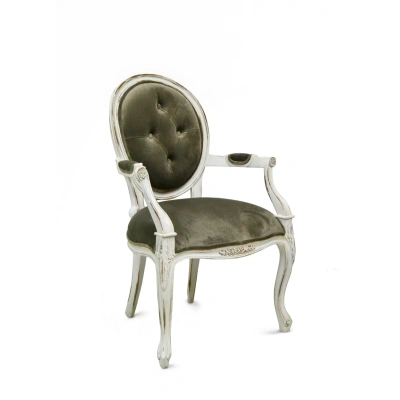 Estila Luxusní čalouněná vintage židle Adrien z masivního mahagonového dřeva a bílým ošoupaným nátěrem 95cm