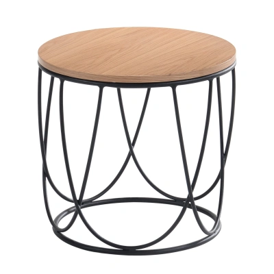 Estila Designový kulatý skandinávský příruční stolek Nordica Clara se světle hnědou deskou s černou kovovou podstavou 45cm