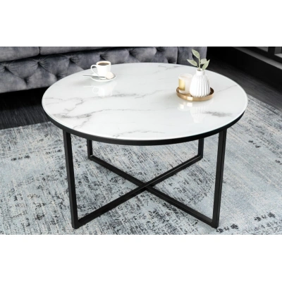 Estila Moderní bílý kulatý konferenční stolek Industria Marbleux s mramorovým vzhledem s černou kovovou podstavou 80cm