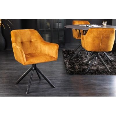 Estila Industriální moderní otočná kancelářská židle Devon se sametovým okrovým čalouněním a černýma nohama z kovu 83cm