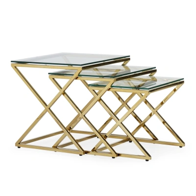 Estila Art deco set tří skleněných příručních stolků Brilia s kovovou konstrukcí lesklé zlaté barvy