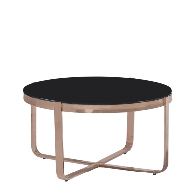 Estila Art-deco kulatý konferenční stolek Brilia s kovovou rose gold konstrukcí a černým temperovaným sklem 80cm