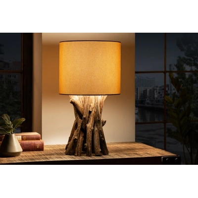 Estila Venkovská stolní lampa Missle z přírodního teakového dřeva s kulatým béžovým stínítkem 50cm