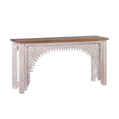 Estila Luxusní orientální konzolový stolek Keralia z mangového masivního dřeva v bílo-hnědém provedení s vyřezávaným zdobením 150cm