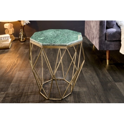 Estila Art-deco příruční stolek Diamond Marble s kovovou podstavou ve zlaté barvě v provedení zelený mramor 50cm
