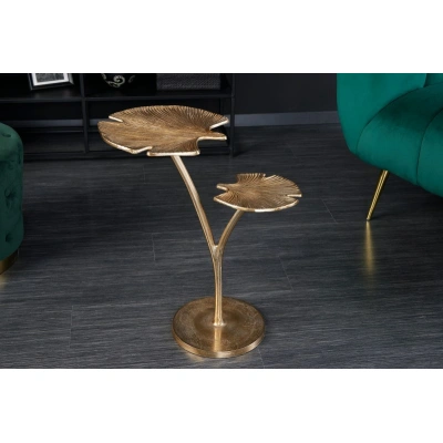 Estila Designový příruční stolek Ginko v art deco stylu se dvěma deskami ve tvaru listu ve zlaté barvě 56cm