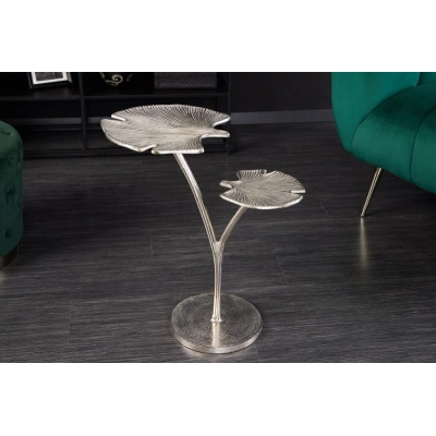 Estila Art-deco stříbrný příruční stolek Ginko se dvěma deskami ve tvaru listu kovový 56cm