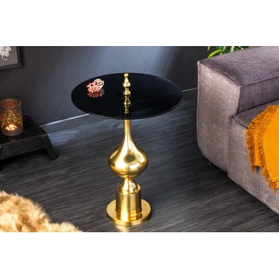 Estila Luxusní art deco příruční stolek Marietta se zlatou ozdobnou podstavou a černou kulatou vrchní deskou 65cm
