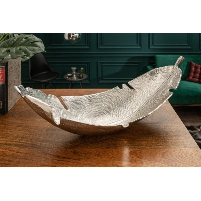 Estila Designová mísa Laurel ve tvaru listu stříbrné barvy z kovu 60cm