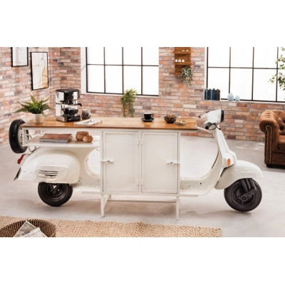 Estila Designový barový pult Scooter s úložným prostorem z kovu bílé barvy as masivní mangovou deskou 250cm