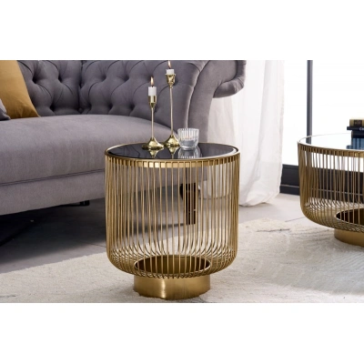 Estila Art deco designový konferenční stolek Esme se zlatou konstrukcí a kulatou černou deskou ze skla 40cm