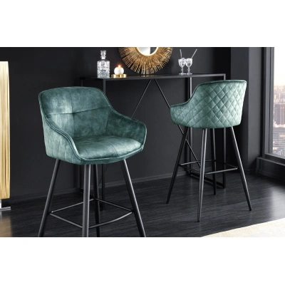 Estila Designová glamour barová židle Rufus s modrozeleným sametovým potahem a černou kovovou konstrukcí 100cm