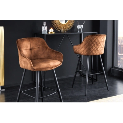 Estila Stylová glamour barová židle Rufus s měděným hnědým čalouněním a černou konstrukcí z kovu 100cm