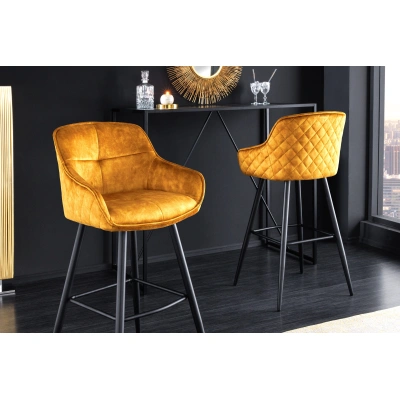 Estila Designová industriální barová židle Rufus se žlutým čalouněním a černou konstrukcí z kovu 100cm