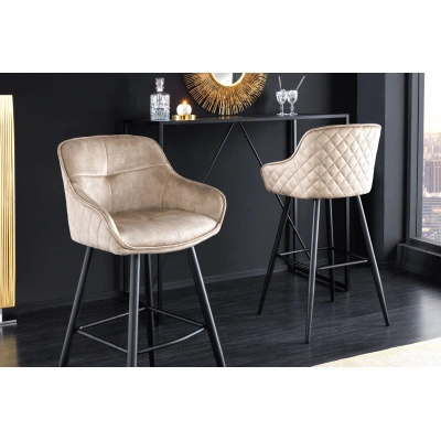 Estila Glamour designová barová židle Rufus s béžovým champagne potahem a černou konstrukcí z kovu 100cm