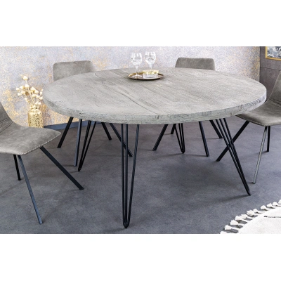 Estila Industriální kulatý jídelní stůl Moonlight s vrchní deskou z mangového masivu ve světlém šedém zpracování 120 cm
