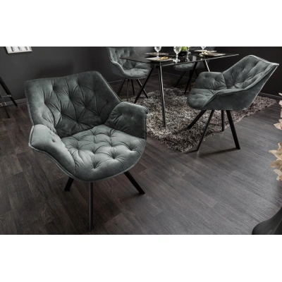 Estila Designová otočná jídelní židle Hetty s prošívaným sametovým čalouněním v tmavě šedozelené barvě 67 cm