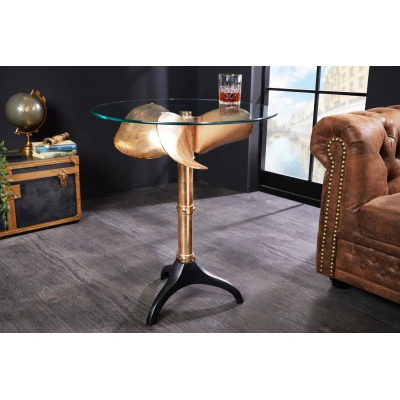 Estila Koloniální příruční stolek Helice se skleněnou vrchní deskou a nohou s designem lodního šroubu ve zlaté barvě 73 cm