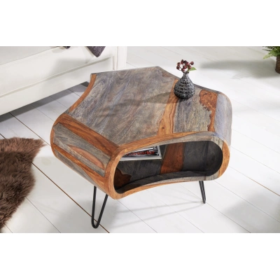 Estila Masivní retro konferenční stolek Spin III s oblými řezanými tvary ze sheesham dřeva v hnědošedém provedení 60cm