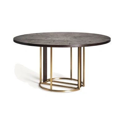 Estila Luxusní kulatý jídelní stůl Midas s nohou ve zlaté barvě s vertikálním zdobením a hnědou dřevěnou vrchní deskou 150 cm