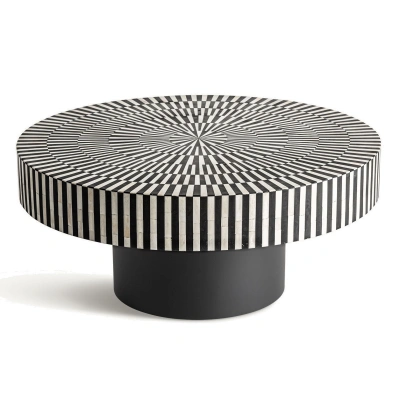 Estila Luxusný art deco čierno biely okrúhly konferenčný stolík Caderina s ozdobnou intarziou s motívom lúčov 80 cm