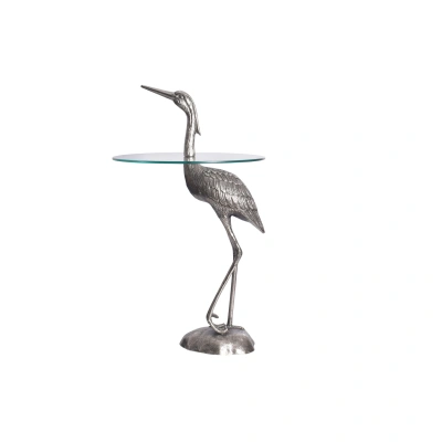Estila Designový kulatý příruční stolek Ardea se skulpturální podstavou ve tvaru volavky ve stříbrné barvě 88 cm