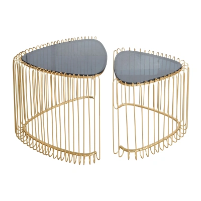 Estila Set trojúhelníkových konferenčních stolků Esme v art deco stylu se zlatou kovovou podstavou s klečním designem 50 cm