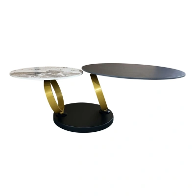 Estila Art deco kulatý otočný konferenční stolek Delin s kulatými deskami a kulatými zlatými otočnými nožičkami 80-134 cm