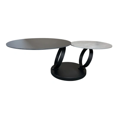 Estila Designový otočný dvouúrovňový otočný konferenční stolek Delin s mramorovými kulatými deskami černé barvě 80-134 cm