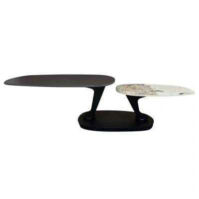 Estila Designový konferenční stolek Delin s mramorovou deskou v černé barvě a dvěma otočnými dvouúrovňovými deskami 94-163 cm