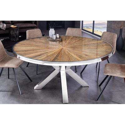 Estila Luxusní industriální kulatý jídelní stůl Barracuda z teakového hnědého dřeva s chromovanými nožičkami 120 cm