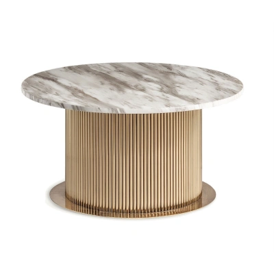 Estila Luxusní kulatý art deco konferenční stolek Pius s bílou mramorovou deskou a zlatou nohou s drážkovaným designem 80 cm