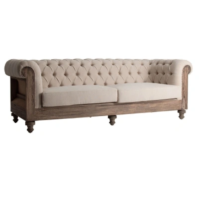 Estila Luxusní vintage sedačka Gretchen se světlou hnědou dřevěnou konstrukcí a béžovým čalouněním v chesterfield stylu 238 cm