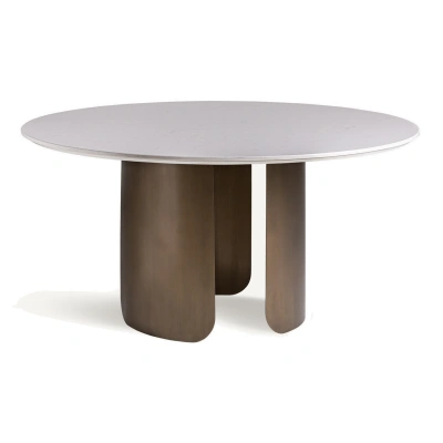 Estila Luxusní moderní kulatý jídelní stůl Petalos se třemi hnědými designovými nohama a bílou kamennou deskou 150 cm