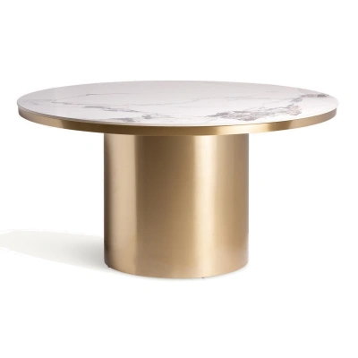 Estila Luxusní art deco kulatý jídelní stůl Dorienne se zlatou nohou a bílou vrchní deskou s mramorovým designem 150 cm