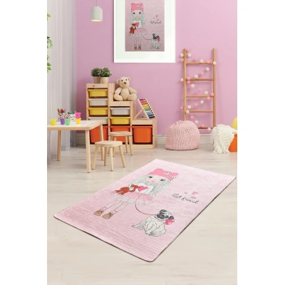 Dětský koberec(100 x 160 cm) BEST FRIEND růžový – holčička s mopesm