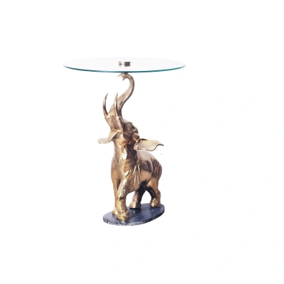 Estila Designový zlatý glamour příruční stolek Balarama s figurou slona a skleněnou vrchní deskou 75 cm