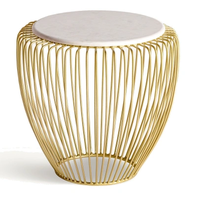 Estila Luxusní kulatý art deco příruční stolek Tamara s deskou z bílého mramoru a zlatou drátěnou konstrukcí 55 cm