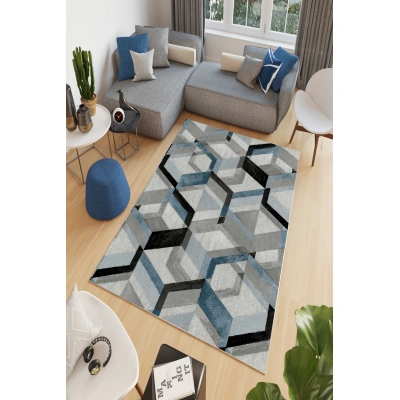 Koberec (60 x 100) W874 šedý a modrý geometrický vzor